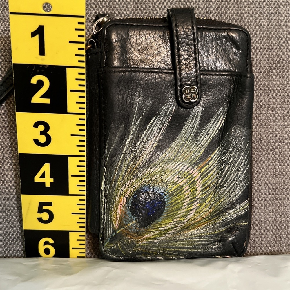 Elliott Lucca Zip Around Leather Wristlet Hand Painted Peacock Feather - Picture 12 of 16